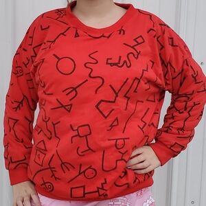 80's Graffiti Style Stick Figure Red Reversible Stuffed Sweatshirt